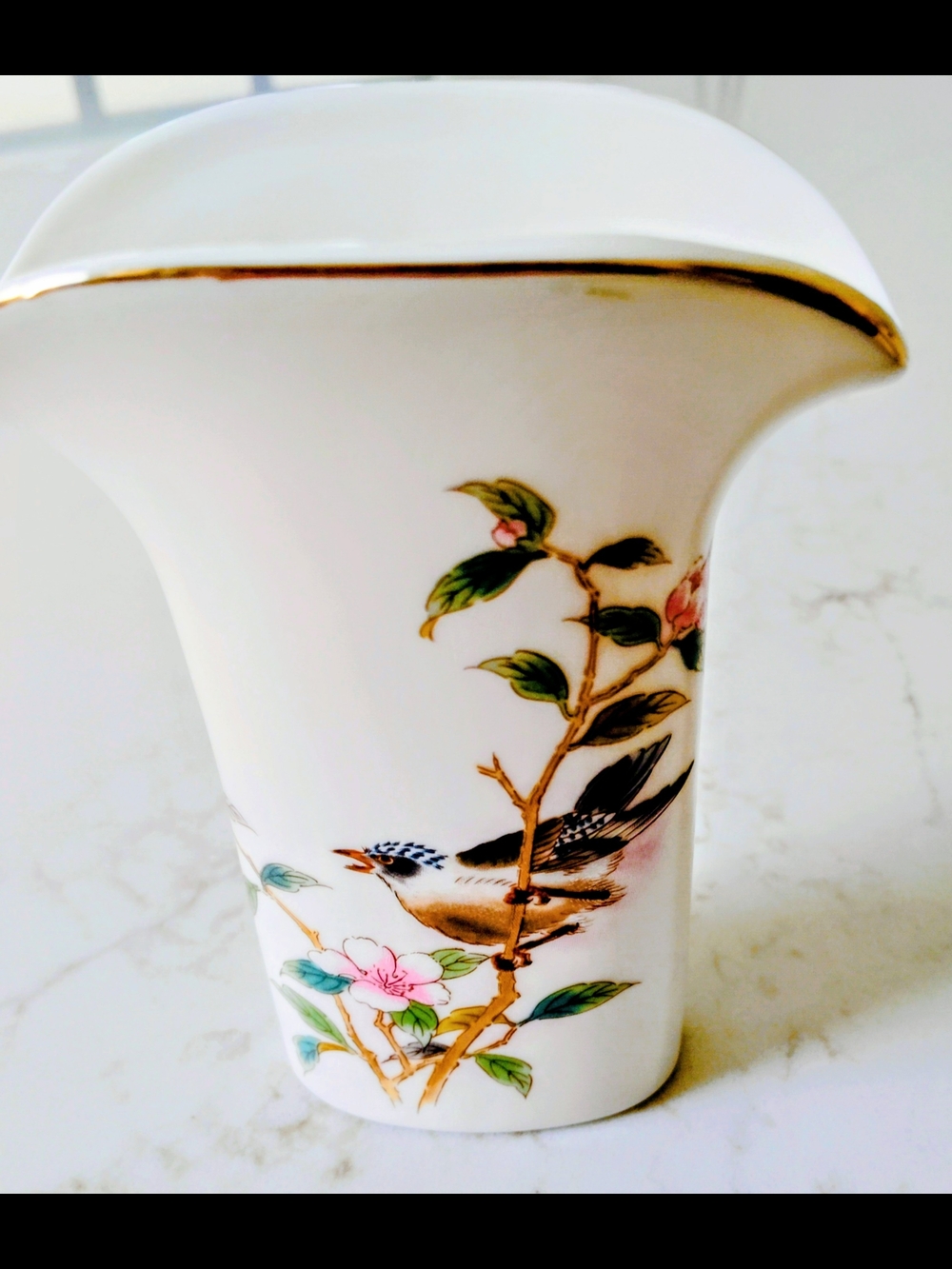 Vintage Japanese Yamaji White Porcelain Floral & Bird Accent Vase with Gold Trim